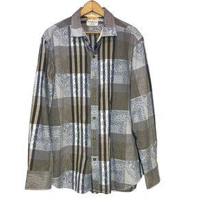 Tommy Bahama Jeans Patchwork L/S Print Shirt Mens Medium M Blue Grey 100% Cotton